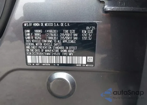 2021 Honda Hr-V Awd Ex-L from USA, damaged, VIN 3CZRU6H76MM724529